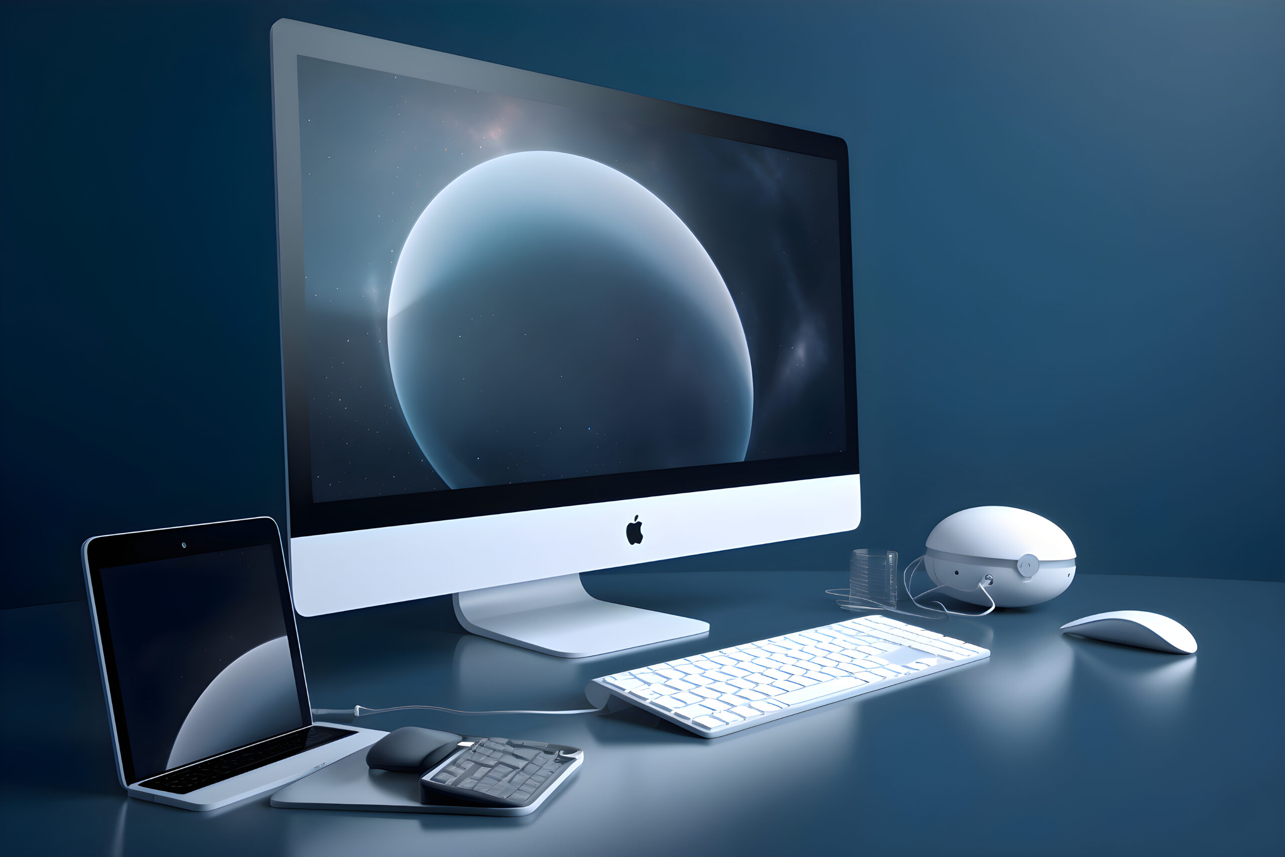 Computer screen and mouse in blue room. 3D rendering. Elements of this image furnished by NASA